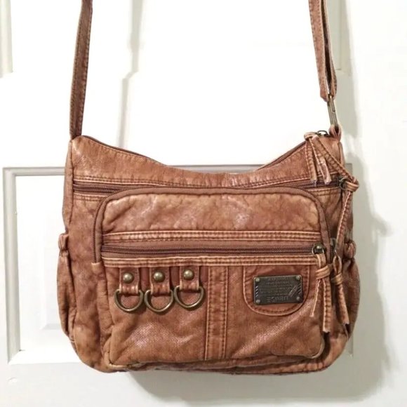 NEW VINTAGE Esprit Caramel Brown Crossbody Shoulder Bag Purse Top Zip Pockets - Picture 4 of 13